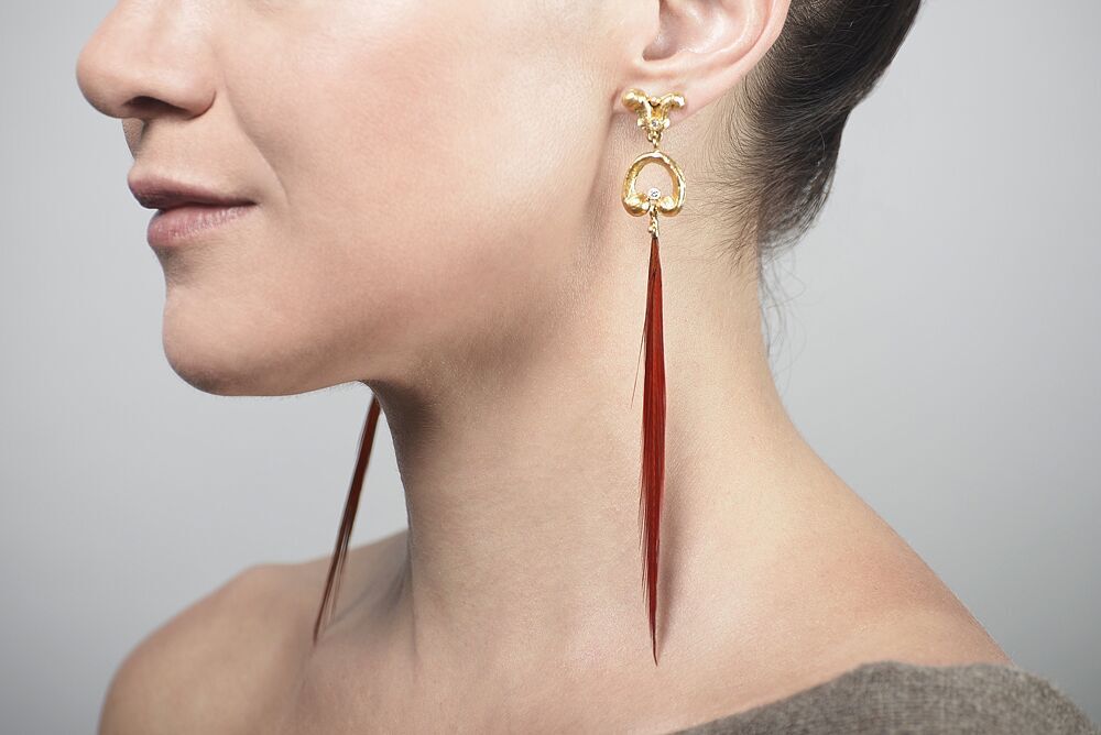22k gold and pheasant feather earrings